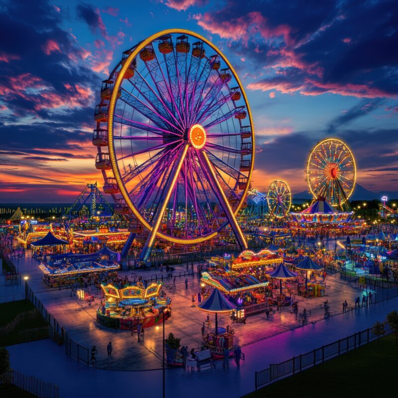 Riesenrad und Rummel bei Abenddämmerung